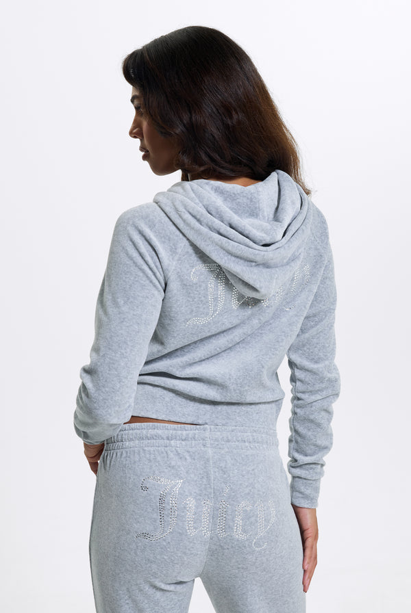 SILVER MARL DIAMANTÉ COTTON VELOUR ZIP-THROUGH HOODIE