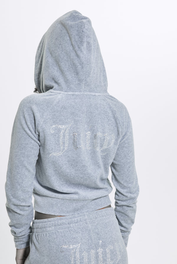 SILVER MARL DIAMANTÉ COTTON VELOUR ZIP-THROUGH HOODIE