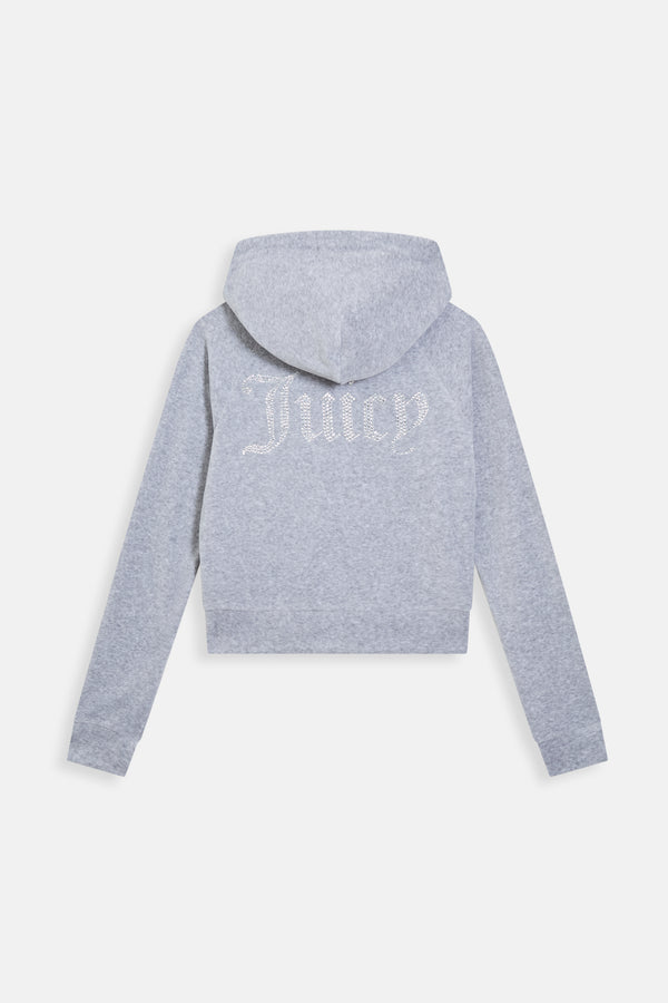 SILVER MARL DIAMANTÉ VELOUR ZIP-THROUGH HOODIE