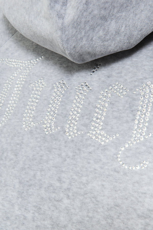 SILVER MARL DIAMANTÉ VELOUR ZIP-THROUGH HOODIE