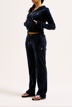 Displays a model wearing the Night Sky Diamanté 'Juicy' branded velour zip-through hoodie  