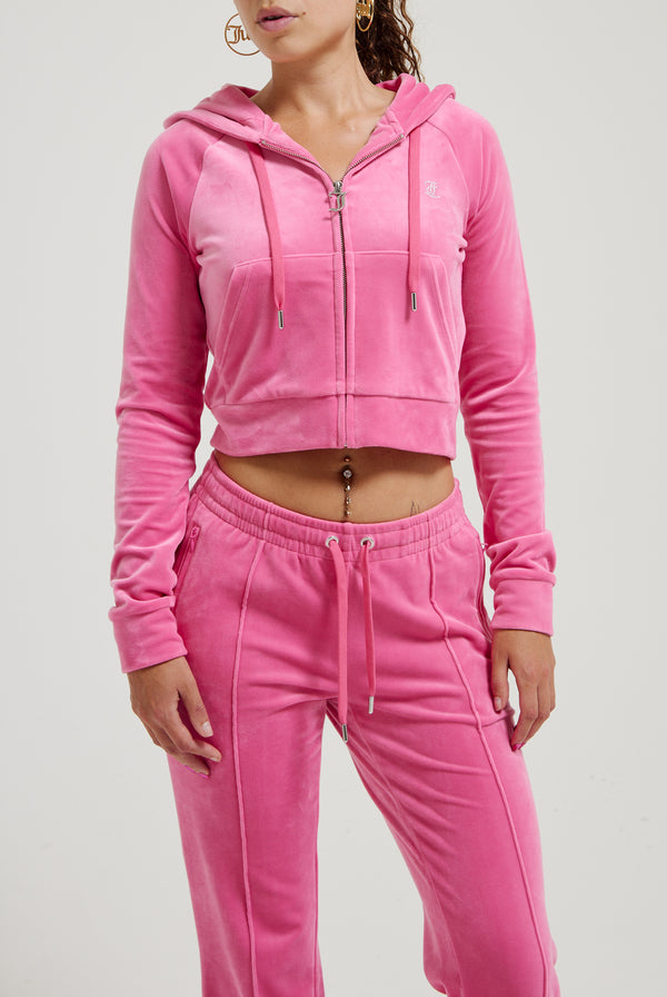 HOT PINK DIAMANTÉ VELOUR ZIP-THROUGH HOODIE