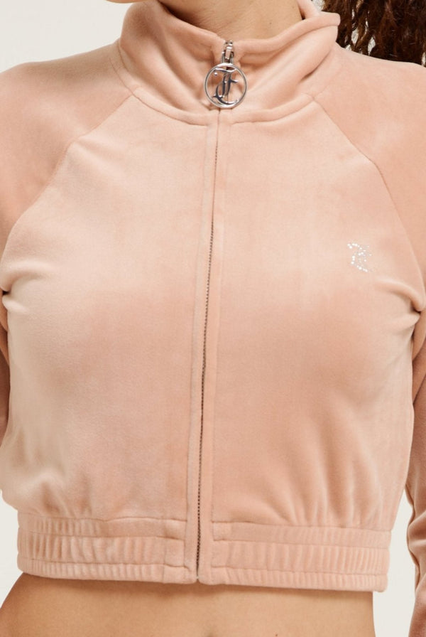 CAFE AU LAIT DIAMANTÉ VELOUR CROPPED TRACK TOP