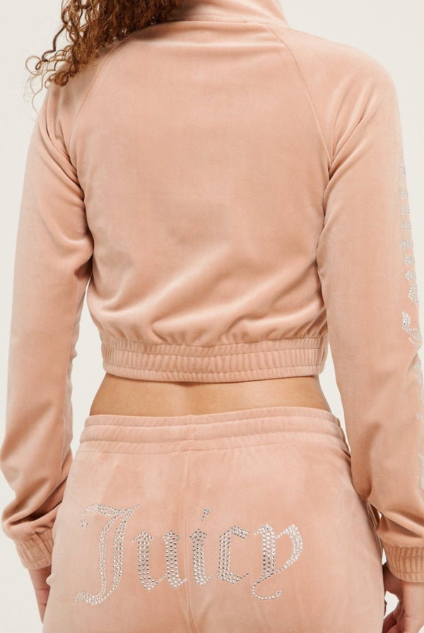 CAFE AU LAIT DIAMANTÉ VELOUR CROPPED TRACK TOP