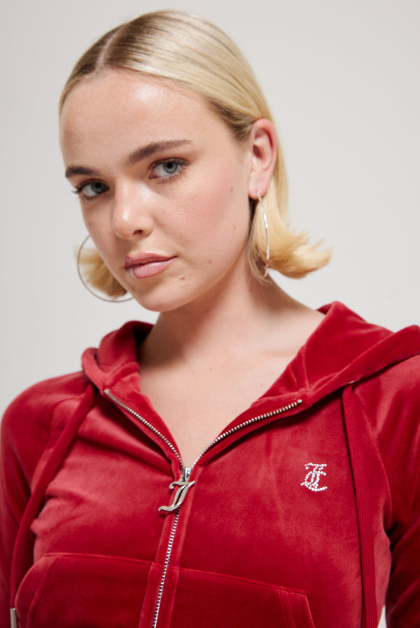 RED DAHLIA DIAMANTÉ VELOUR ZIP-THROUGH HOODIE