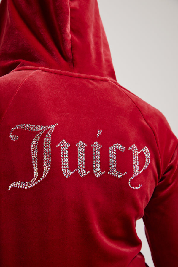 RED DAHLIA DIAMANTÉ VELOUR ZIP-THROUGH HOODIE