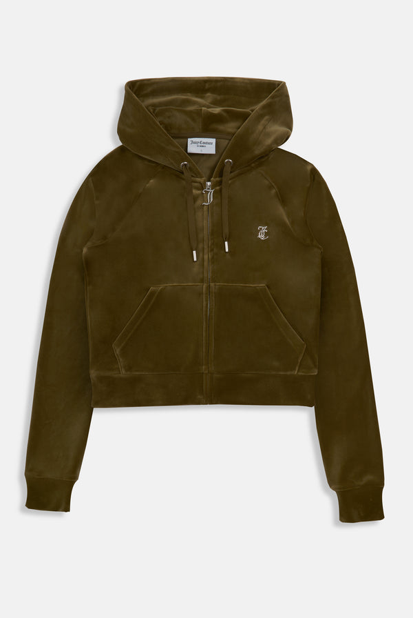 DARK OLIVE DIAMANTÉ VELOUR ZIP-THROUGH HOODIE