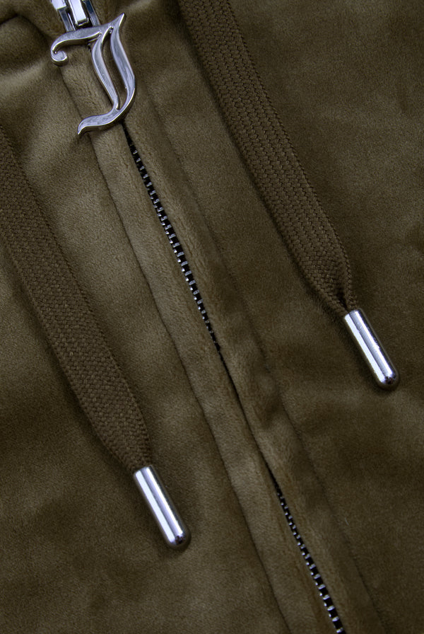 DARK OLIVE DIAMANTÉ VELOUR ZIP-THROUGH HOODIE