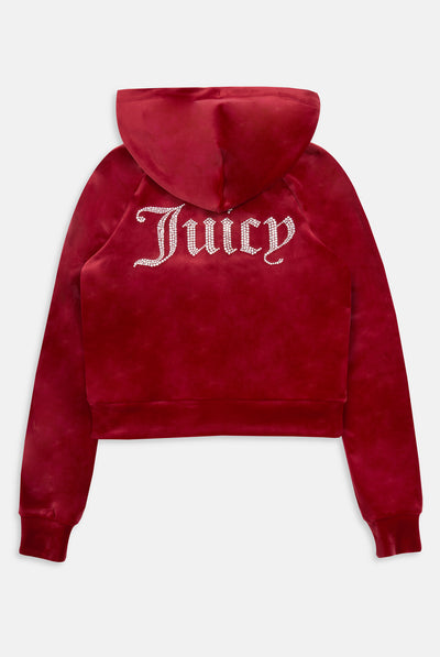 RED DAHLIA DIAMANTÉ VELOUR ZIP-THROUGH HOODIE