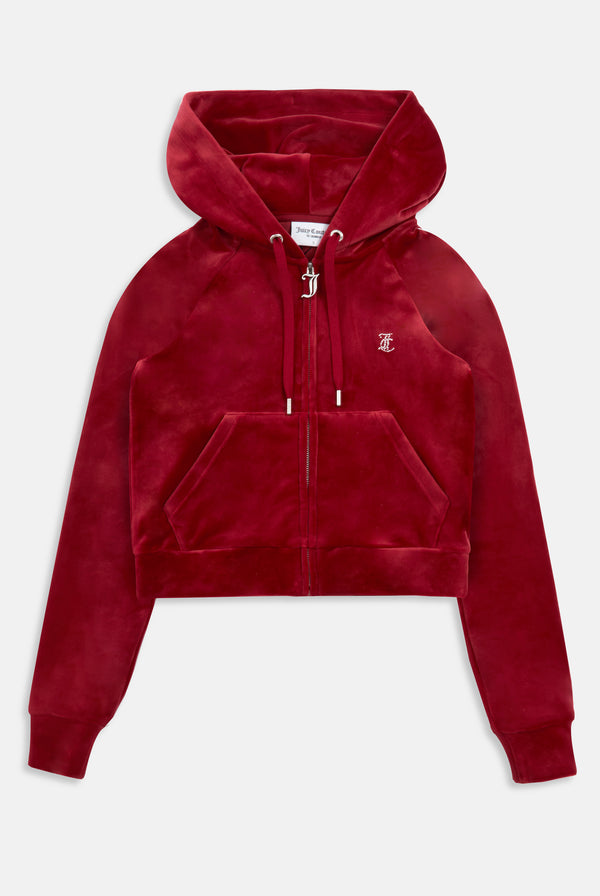 RED DAHLIA DIAMANTÉ VELOUR ZIP-THROUGH HOODIE