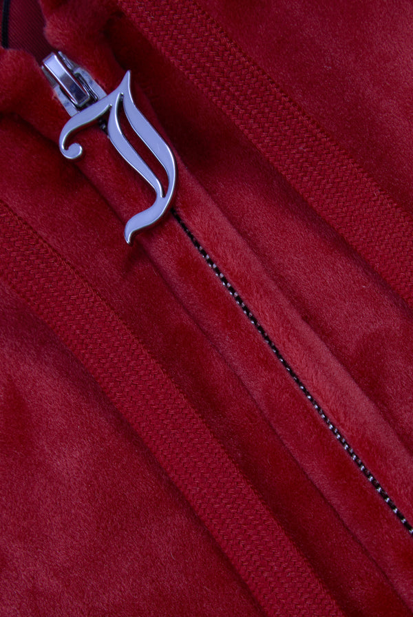 RED DAHLIA DIAMANTÉ VELOUR ZIP-THROUGH HOODIE