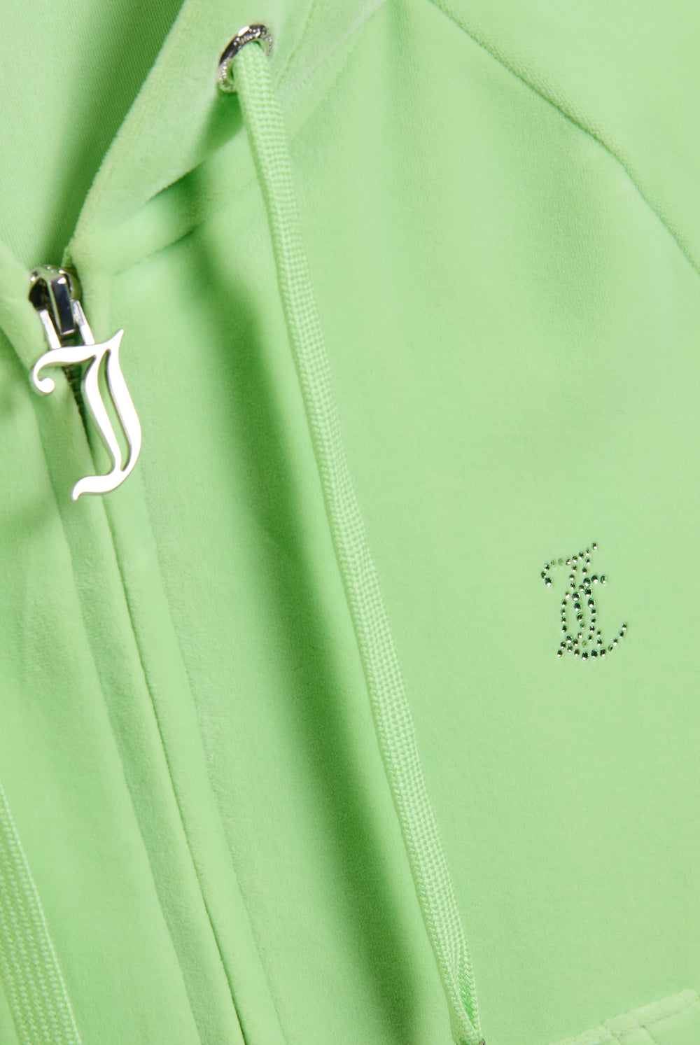 Displays the Pistachio Green outline 'Juicy' branded diamanté velour zip-through hoodie featuring the juicy Couture logo and juicy zip