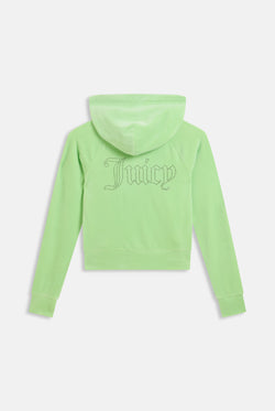 Displays the Pistachio Green outline 'Juicy' branded diamanté velour zip-through hoodie 