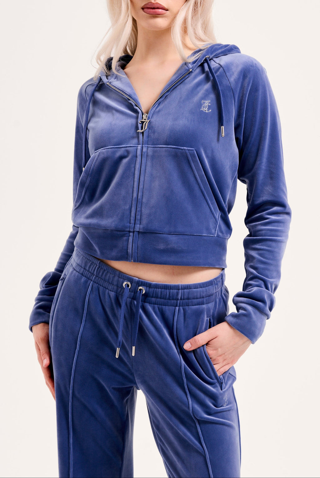GREY BLUE DIAMANTÉ VELOUR ZIP-THROUGH HOODIE