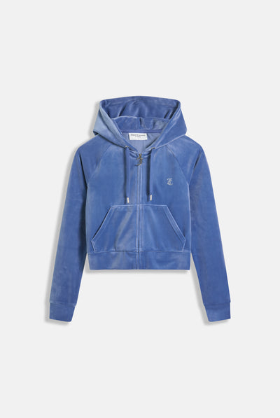 GREY BLUE DIAMANTÉ VELOUR ZIP-THROUGH HOODIE