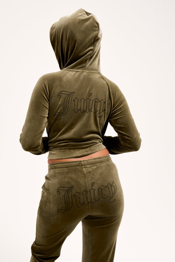 DARK OLIVE DIAMANTÉ VELOUR ZIP-THROUGH HOODIE