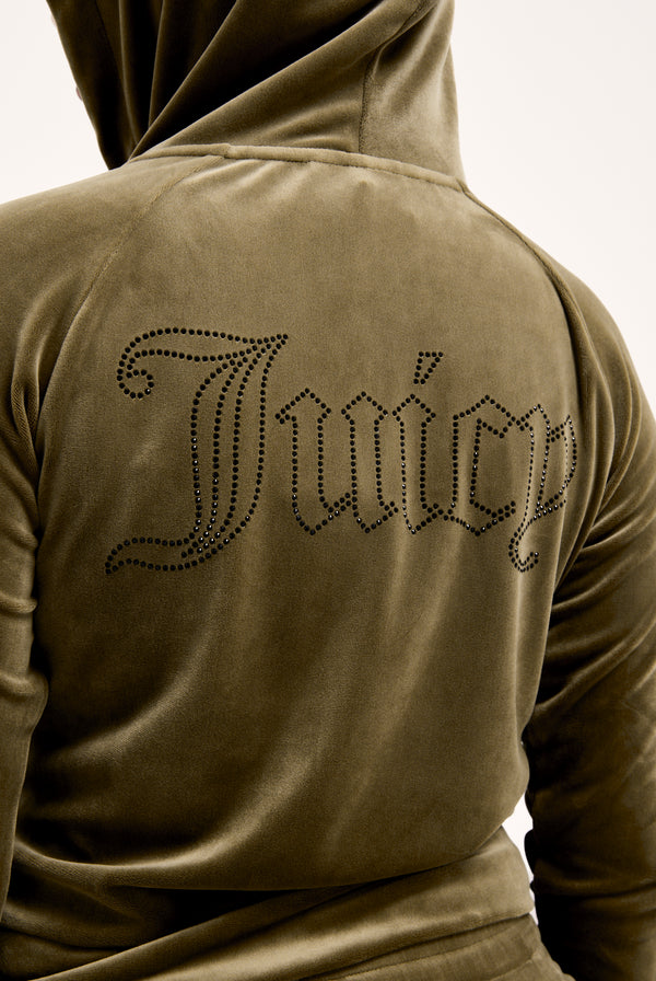 DARK OLIVE DIAMANTÉ VELOUR ZIP-THROUGH HOODIE