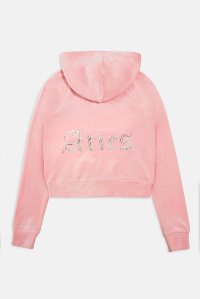 ARIES' CANDY PINK DIAMANTÉ VELOUR ZIP-THROUGH HOODIE