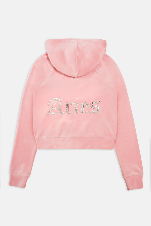 ARIES' CANDY PINK DIAMANTÉ VELOUR ZIP-THROUGH HOODIE