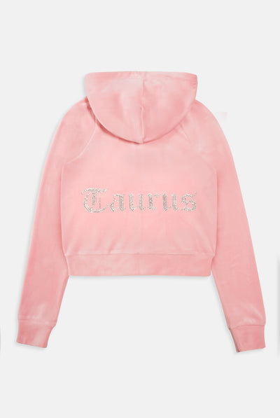 TAURUS' CANDY PINK DIAMANTÉ VELOUR ZIP-THROUGH HOODIE