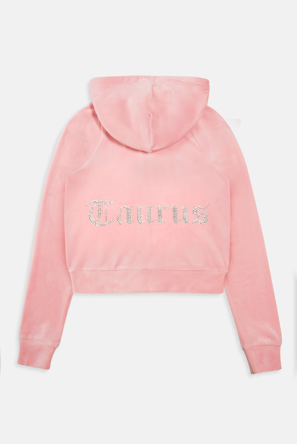 'TAURUS' JUICY PINK DIAMANTÉ VELOUR ZIP-THROUGH HOODIE