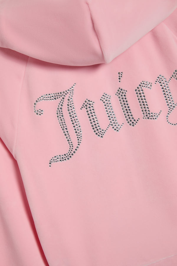 Displays the juicy pink 'juicy' branded diamanté velour zip-through hoodie featuring the juicy branding