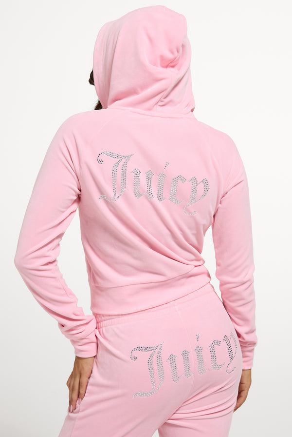 JUICY PINK DIAMANTÉ VELOUR ZIP-THROUGH HOODIE
