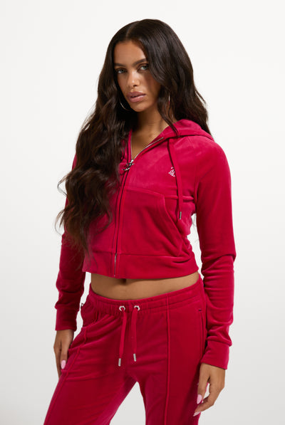 Persian Red Diamanté Velour Zip-Through Hoodie