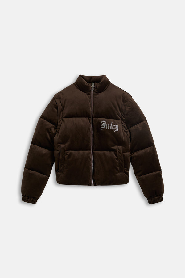 Displays the Java 'Juicy' branded Old Gothic Diamanté Puffa Jacket