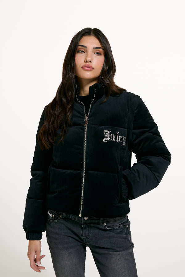Displays a model wearing the Black 'Juicy' branded Old Gothic Diamanté Puffa Jacket