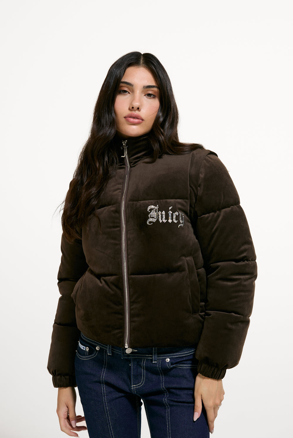 Displays a model wearing the Java 'Juicy' branded Old Gothic Diamanté Puffa Jacket