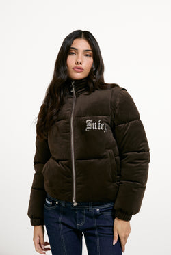 Displays a model wearing the Java 'Juicy' branded Old Gothic Diamanté Puffa Jacket