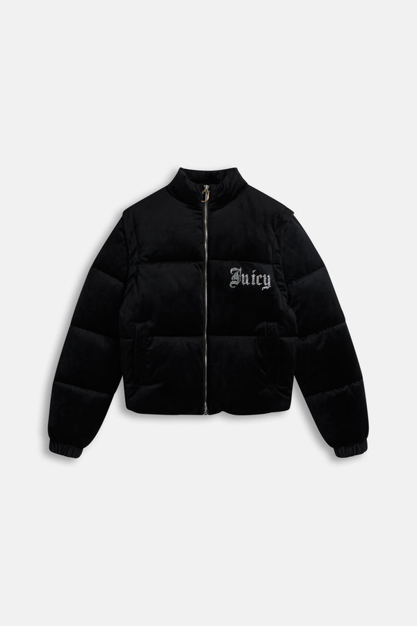 Displays the Black 'Juicy' branded Old Gothic Diamanté Puffa Jacket