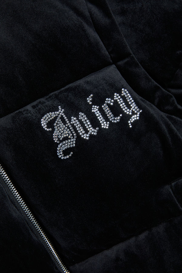Displays the Black 'Juicy' branded Old Gothic Diamanté Puffa Jacket featuring the juicy branding