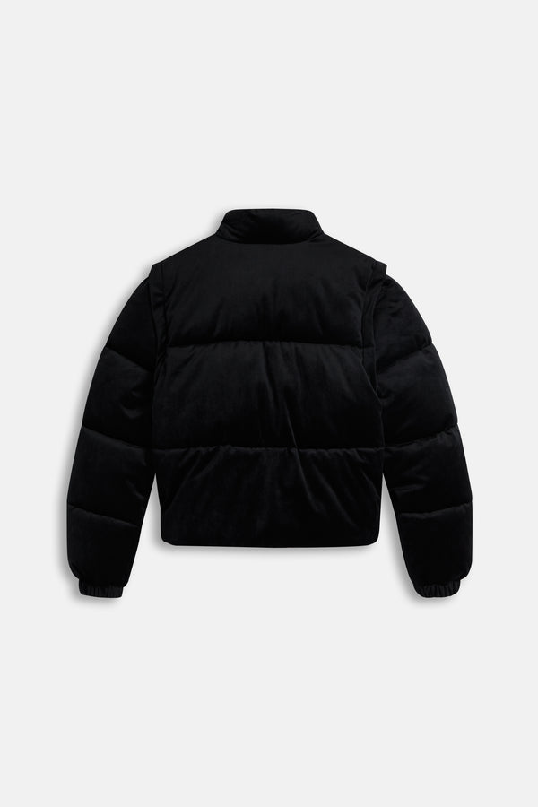 Displays the Black 'Juicy' branded Old Gothic Diamanté Puffa Jacket