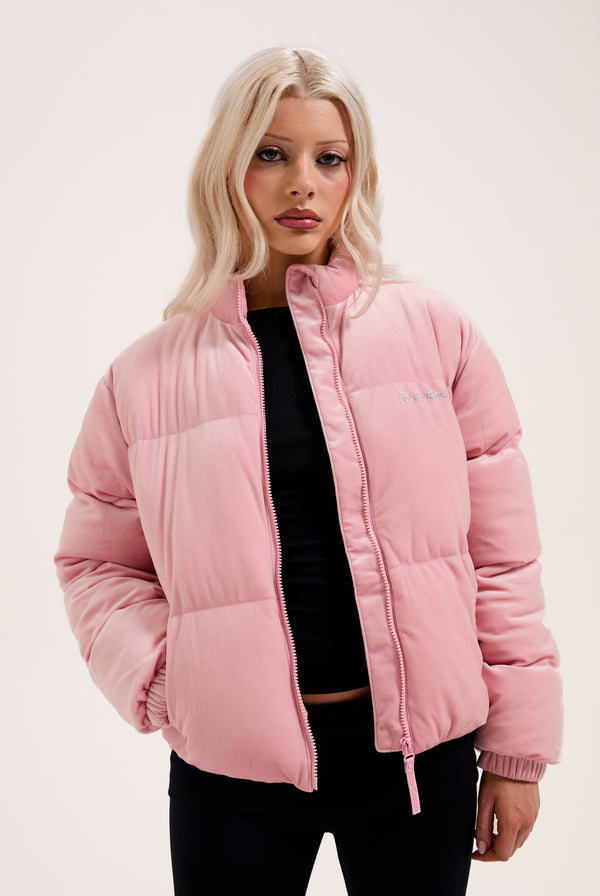 JUICY PINK VELOUR DIAMANTÉ PUFFER JACKET