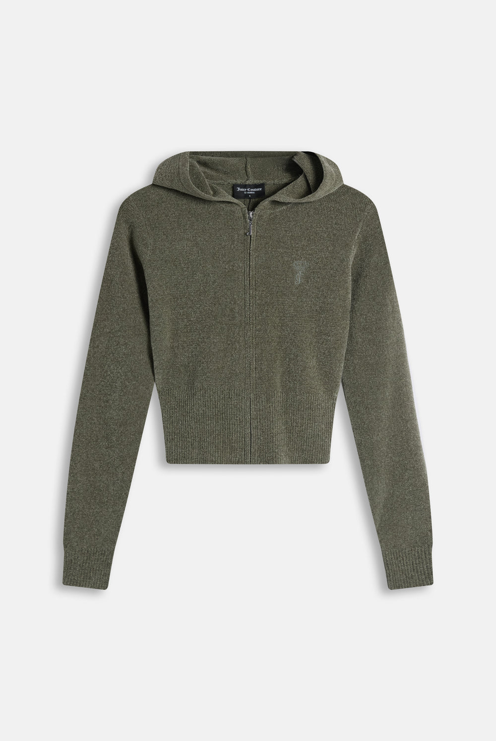 Displays the Oil Green 'Juicy' branded Luxe Knit Hoodie