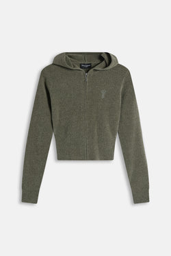 Displays the Oil Green 'Juicy' branded Luxe Knit Hoodie