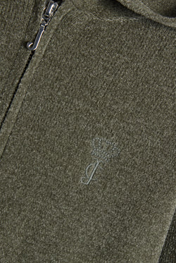 Displays the Oil Green 'Juicy' branded Luxe Knit Hoodie featuring the juicy couture branding 