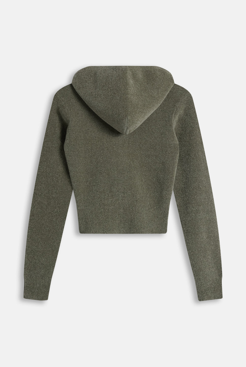 Displays the Oil Green 'Juicy' branded Luxe Knit Hoodie