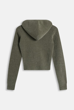 Displays the Oil Green 'Juicy' branded Luxe Knit Hoodie