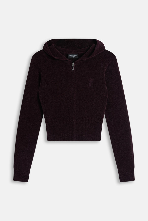 Displays the Winetasting 'Juicy' branding Luxe Knit Hoodie