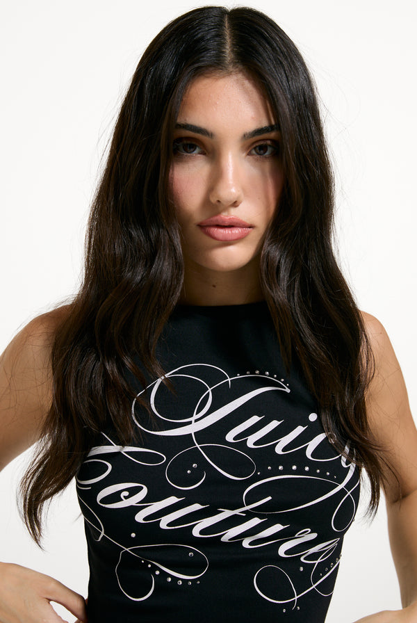 Displays a model wearing the Black 'Juicy' branded Script Boatneck Top