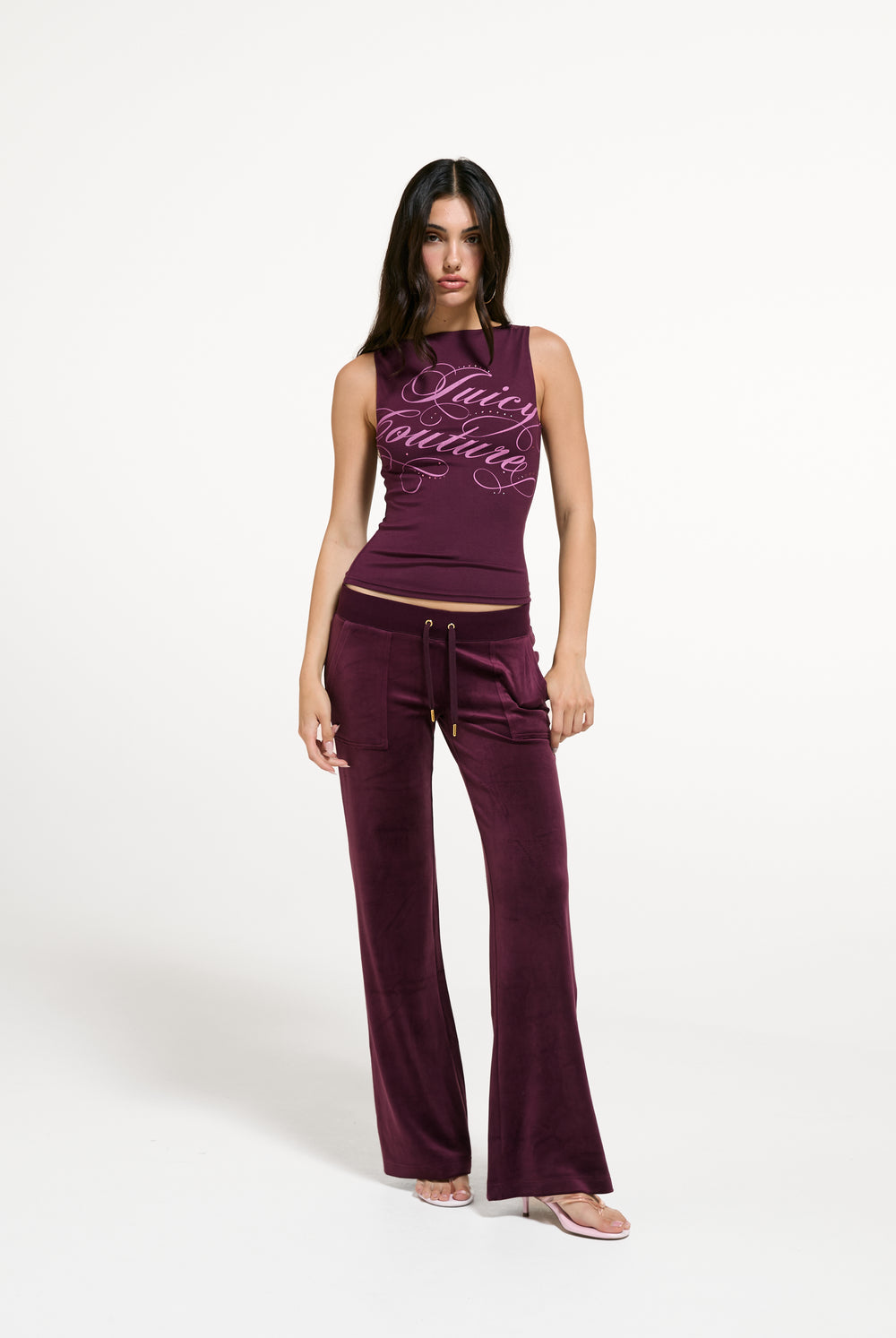 Displays a model wearing the Winetasting 'Juicy' branded Script Boatneck Top