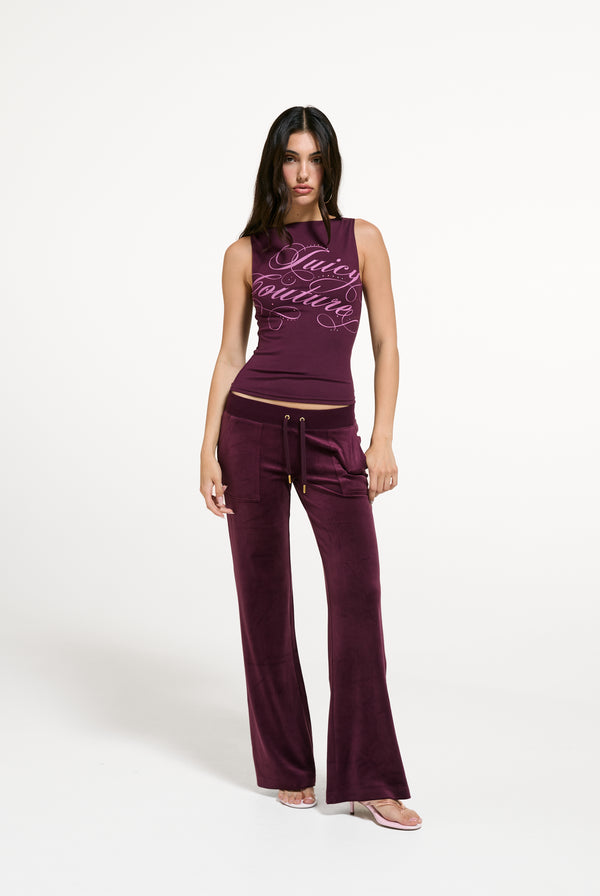 Displays a model wearing the Winetasting 'Juicy' branded Script Boatneck Top