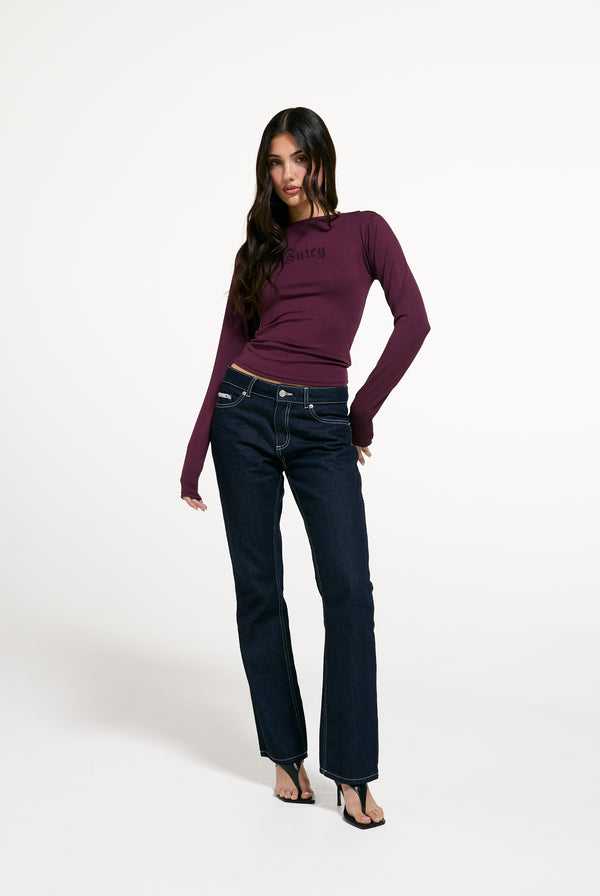 Displays a model wearing the Winetasting 'Juicy' branded Boat Neck Long Sleeve T-Shirt