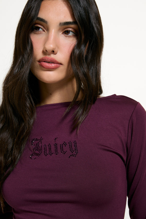 Displays a model wearing the Winetasting 'Juicy' branded Boat Neck Long Sleeve T-Shirt