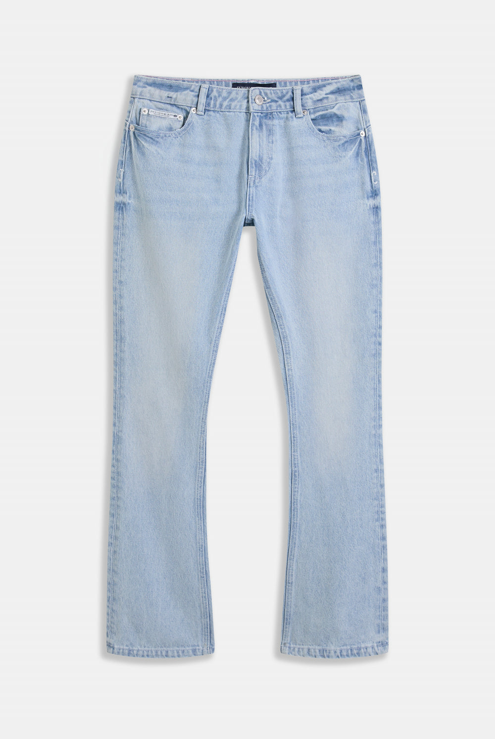 Displays the Light Wash 'Juicy' branded Diamanté bootcut jeans  