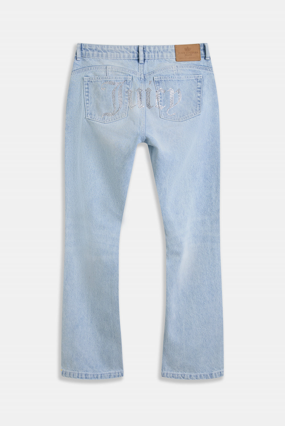 Displays the Light Wash 'Juicy' branded Diamanté bootcut jeans  