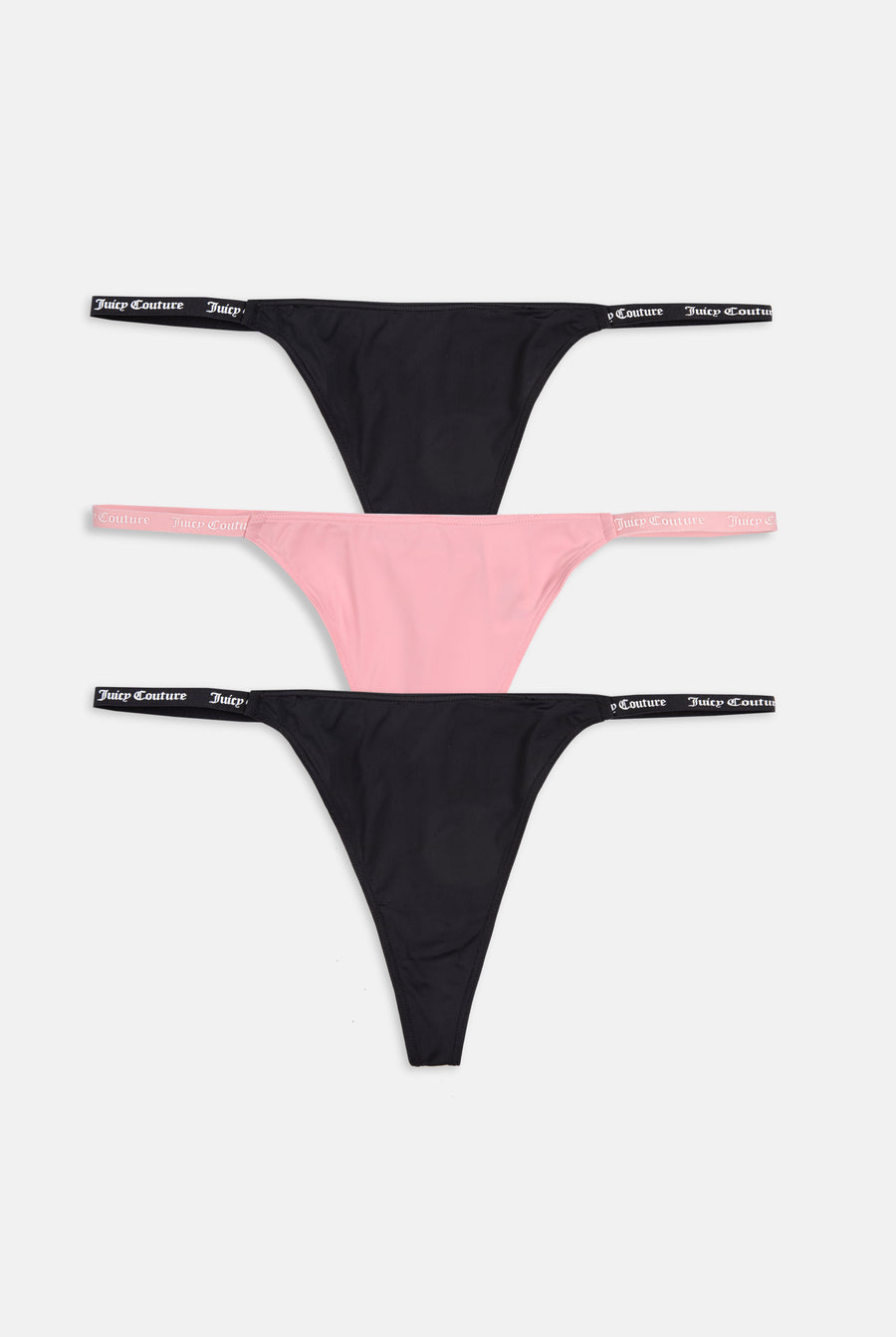 Displays all 3 black and pink 'juicy' branded Microfibre Thongs included in the 3 Multi Pack